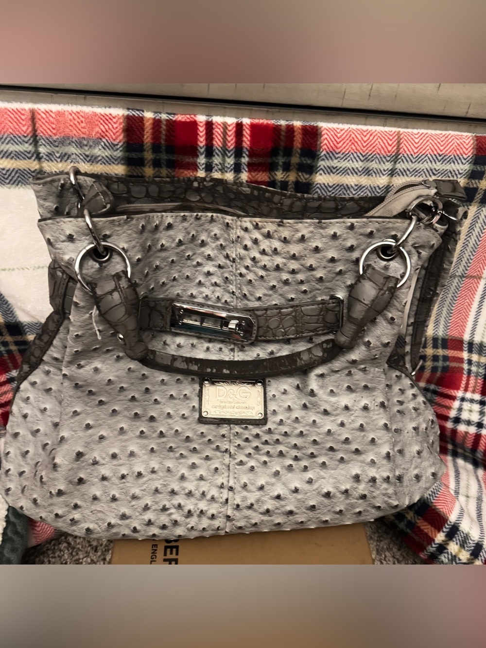 D&G Gray Ostrich-Texture Shoulder Bag with Croc-Trim